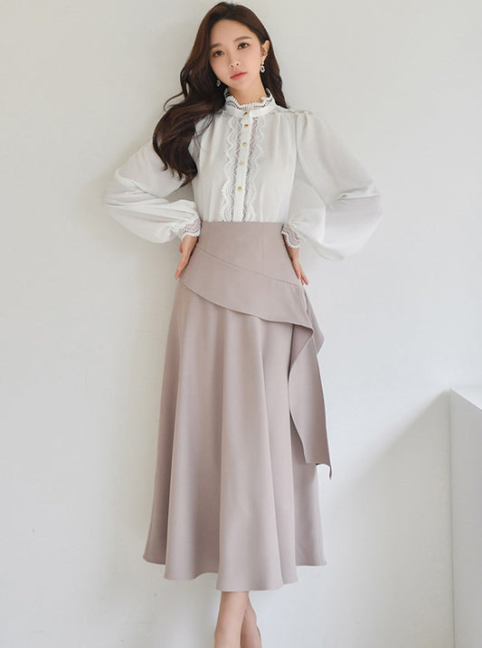 CM-SF112812 Women Elegant Seoul Style Puff Sleeve Loosen Blouse With Flouncing Long Skirt - Set