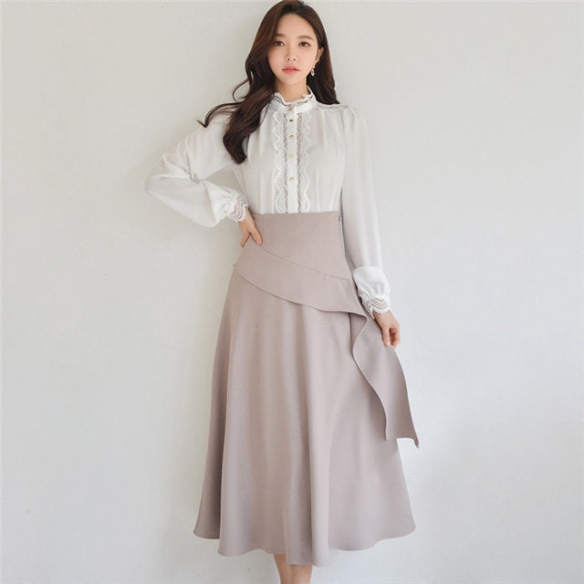 CM-SF112812 Women Elegant Seoul Style Puff Sleeve Loosen Blouse With Flouncing Long Skirt - Set