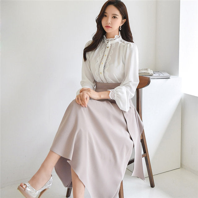 CM-SF112812 Women Elegant Seoul Style Puff Sleeve Loosen Blouse With Flouncing Long Skirt - Set