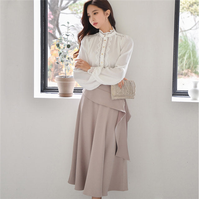 CM-SF112812 Women Elegant Seoul Style Puff Sleeve Loosen Blouse With Flouncing Long Skirt - Set