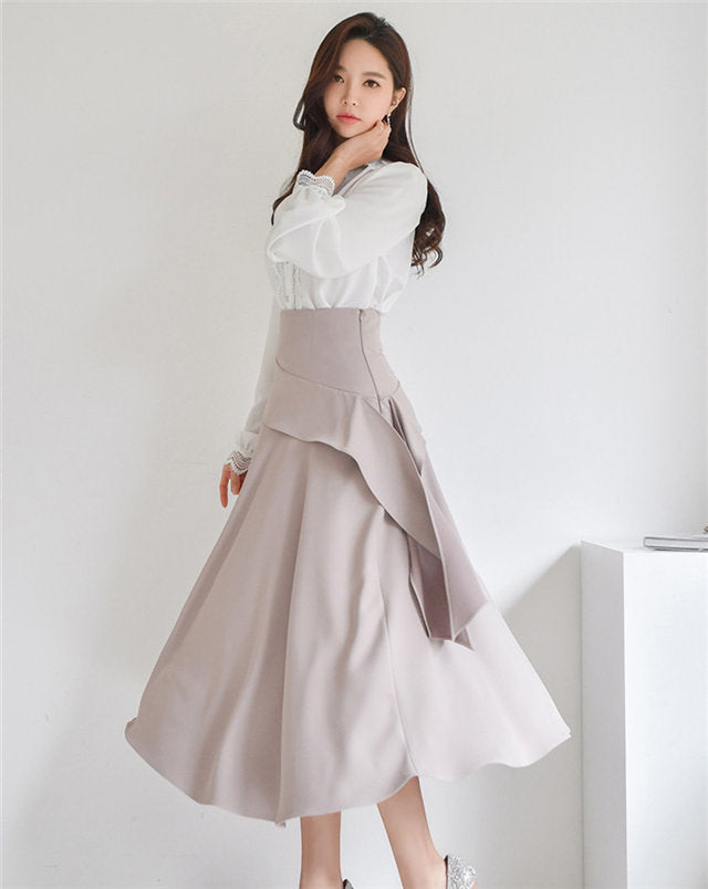 CM-SF112812 Women Elegant Seoul Style Puff Sleeve Loosen Blouse With Flouncing Long Skirt - Set