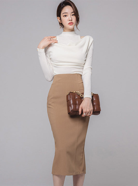 CM-SF112813 Women Casual Seoul Style Heaps Collar Knitting Tops With Slim Midi Skirt - Set