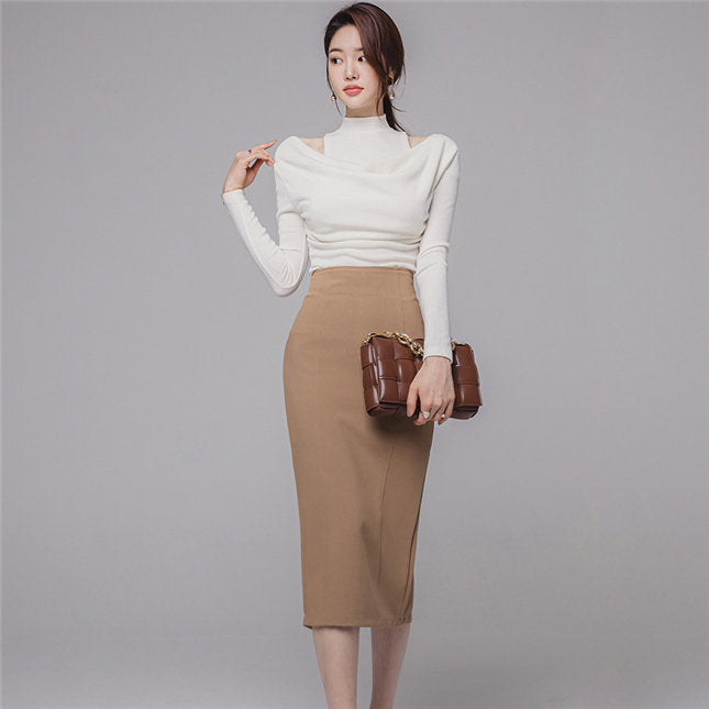 CM-SF112813 Women Casual Seoul Style Heaps Collar Knitting Tops With Slim Midi Skirt - Set