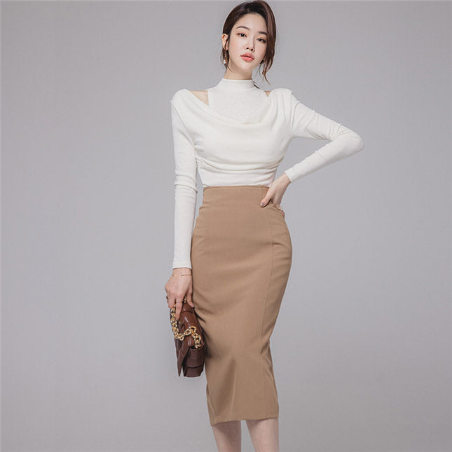 CM-SF112813 Women Casual Seoul Style Heaps Collar Knitting Tops With Slim Midi Skirt - Set