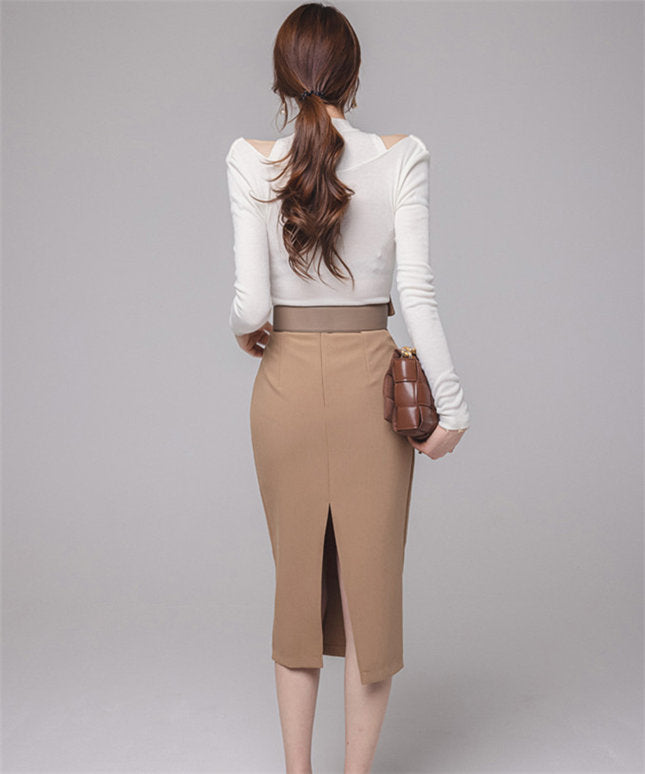 CM-SF112813 Women Casual Seoul Style Heaps Collar Knitting Tops With Slim Midi Skirt - Set