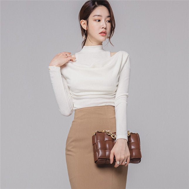 CM-SF112813 Women Casual Seoul Style Heaps Collar Knitting Tops With Slim Midi Skirt - Set