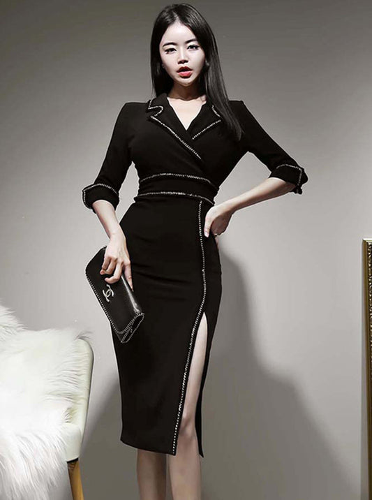 CM-DF112809 Women Casual European Style Tailored Collar Fitted Waist Split Slim Dress - Black