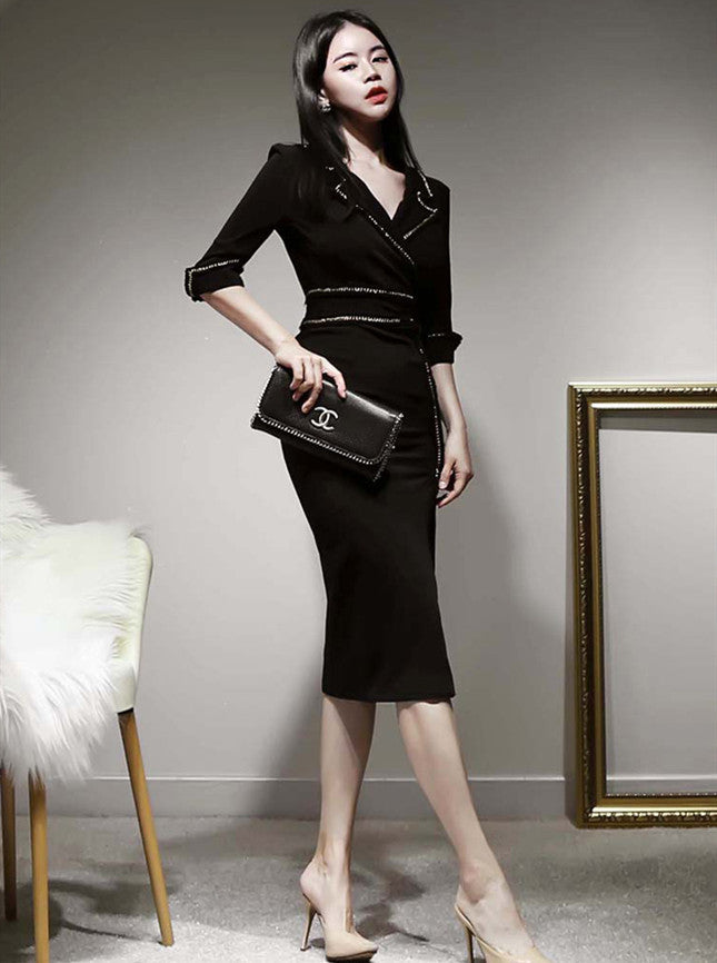 CM-DF112809 Women Casual European Style Tailored Collar Fitted Waist Split Slim Dress - Black
