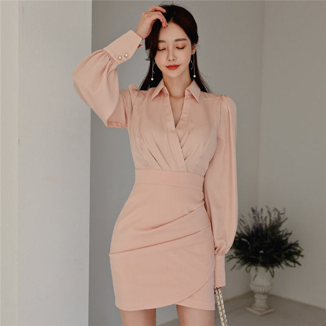 CM-DF112817 Women Casual Seoul Style Shirt Collar Puff Sleeve Bodycon Dress - Pink
