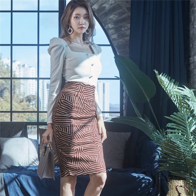 CM-SF113008 Women Casual Seoul Style Square Collar Knitting T-Shirt With Stripes Skirt - Set