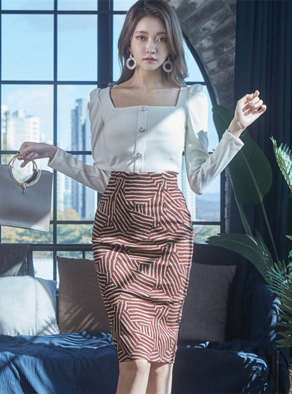 CM-SF113008 Women Casual Seoul Style Square Collar Knitting T-Shirt With Stripes Skirt - Set