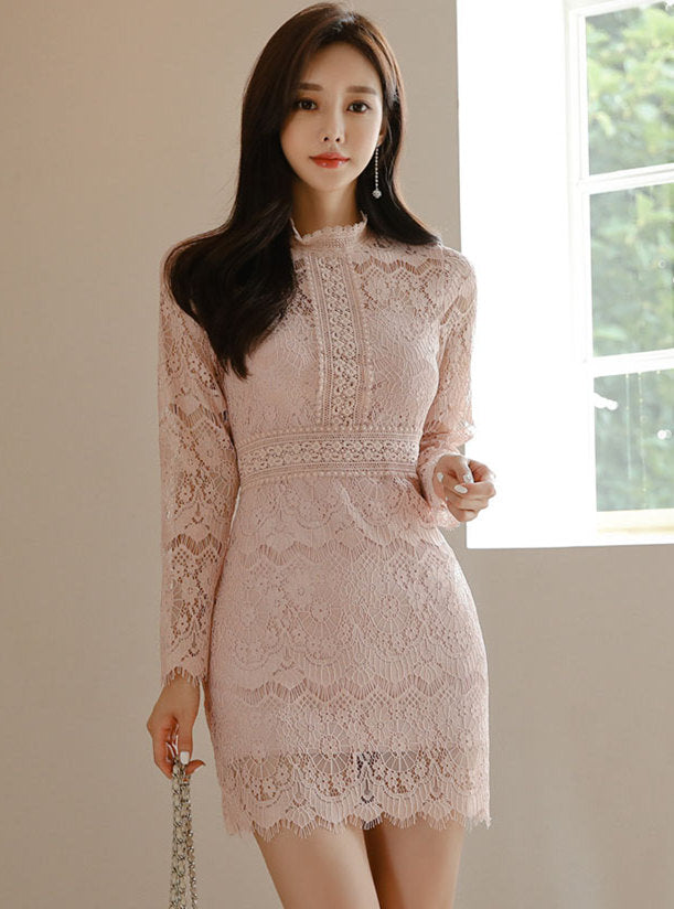 CM-DF113010 Women Casual Seoul Style Long Sleeve Lace Floral Slim Long Sleeve Dress - Pink