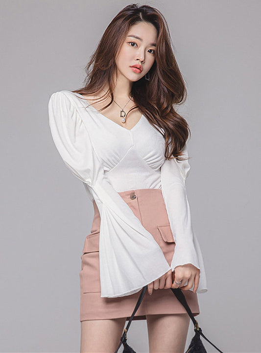 CM-SF113013 Women Casual Seoul Style V-Neck Flare Sleeve Blouse With A-Line Skirt - Set