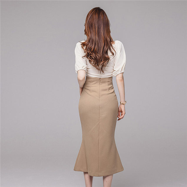 CM-SF120308 Women Casual Seoul Style Boat Neck Knitting Tops With Fishtail Skirt - Set