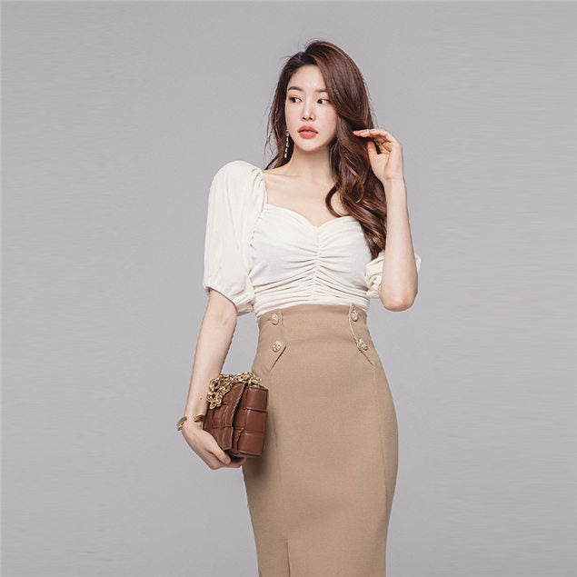 CM-SF120308 Women Casual Seoul Style Boat Neck Knitting Tops With Fishtail Skirt - Set