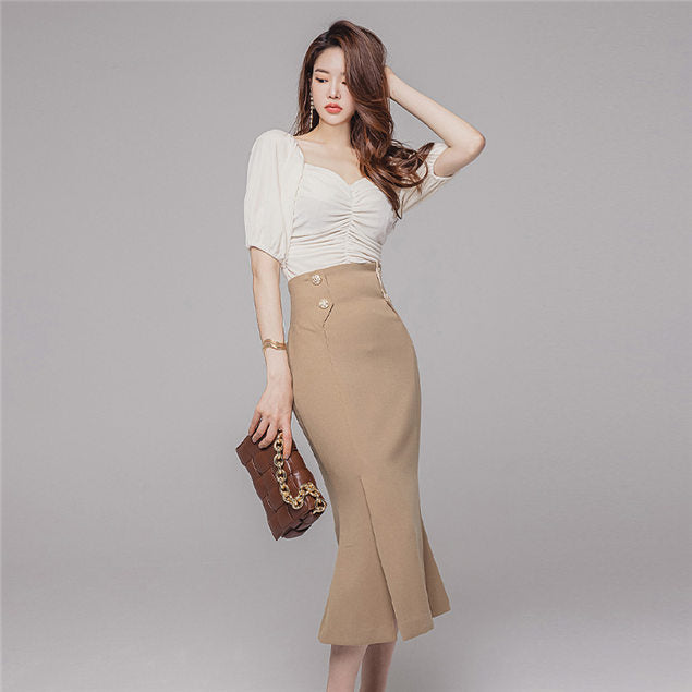 CM-SF120308 Women Casual Seoul Style Boat Neck Knitting Tops With Fishtail Skirt - Set