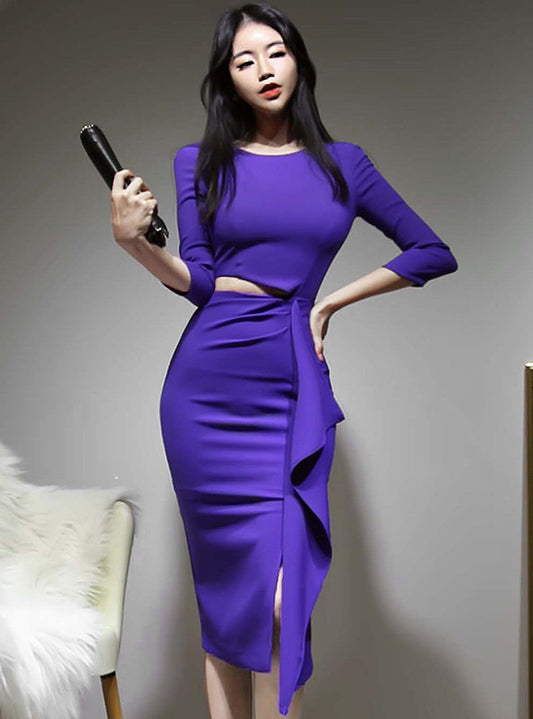 CM-DF120901 Women Elegant Seoul Style Sexy Waist Hollow Out Flouncing Slim Dress