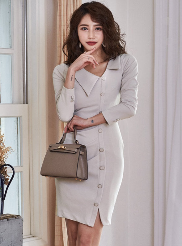CM-DF120904 Women Elegant Seoul Style Single-Breasted Doll Collar Slim Dress