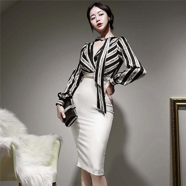 CM-DF120905 Women Elegant Seoul Style Chain High Waist Stripes V-Neck Slim Dress