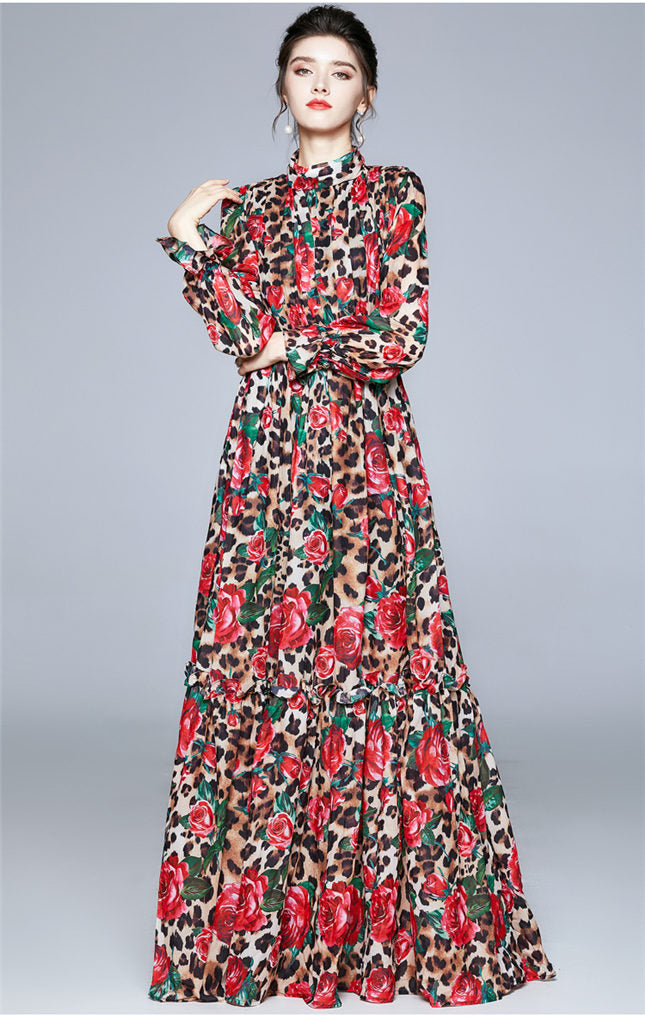 CM-DF120906 Women Elegant European Style Elastic Waist Leopard Floral Print Maxi Dress