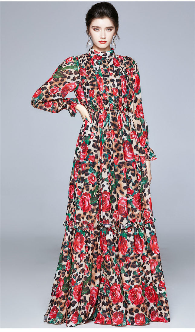 CM-DF120906 Women Elegant European Style Elastic Waist Leopard Floral Print Maxi Dress