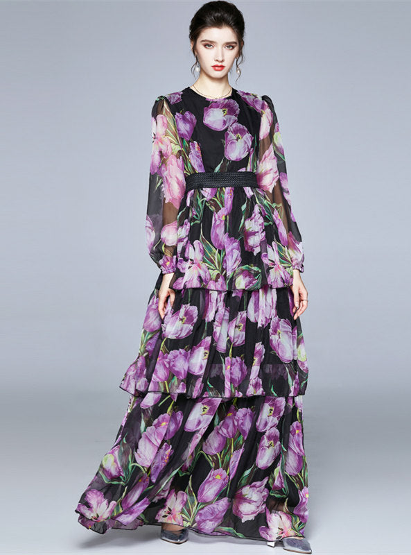 CM-DF120907 Women Charming European Style High Waist Layered Flouncing Floral Dress