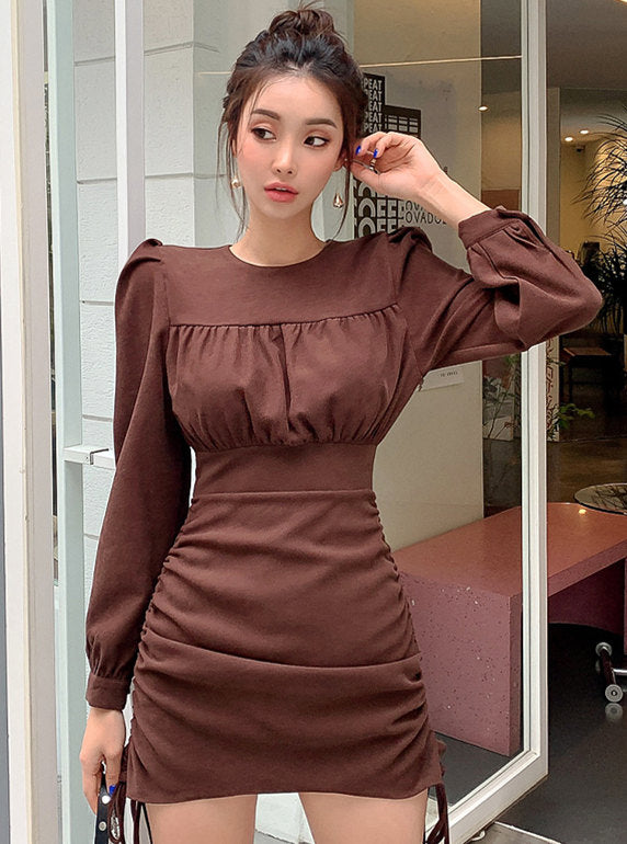 CM-DF121006 Women Casual Seoul Style Spring Drawstring Pleated Long Sleeve Dress