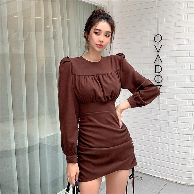 CM-DF121006 Women Casual Seoul Style Spring Drawstring Pleated Long Sleeve Dress