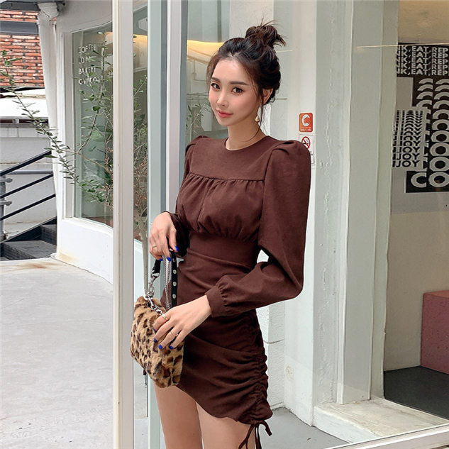 CM-DF121006 Women Casual Seoul Style Spring Drawstring Pleated Long Sleeve Dress