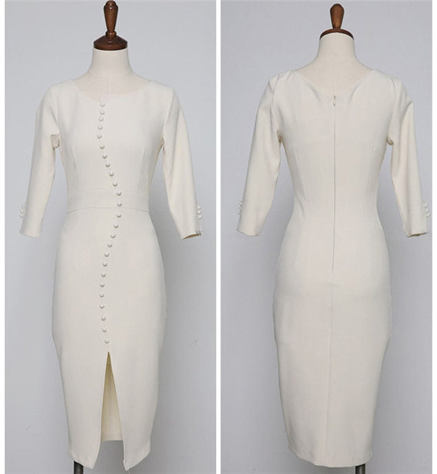CM-DF121002 Women Casual Seoul Style Round Neck Fitted Waist Skinny Dress - White