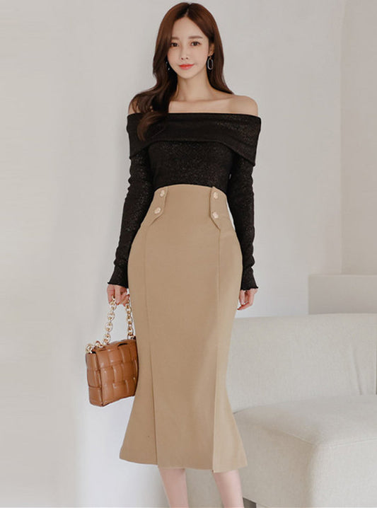 CM-SF121010 Women Elegant Seoul Style Boat Neck Shining T-Shirt With Fishtail Skirt - Set