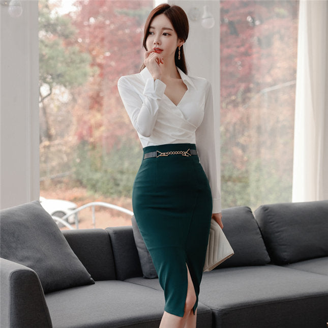 CM-SF121014 Women Elegant Seoul Style V-Neck Fitted Waist Split Slim Dress Set