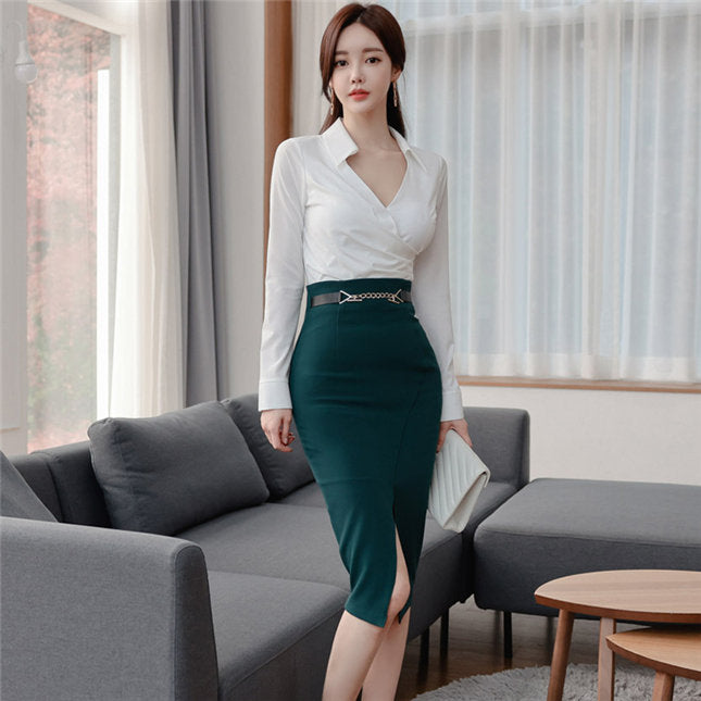 CM-SF121014 Women Elegant Seoul Style V-Neck Fitted Waist Split Slim Dress Set