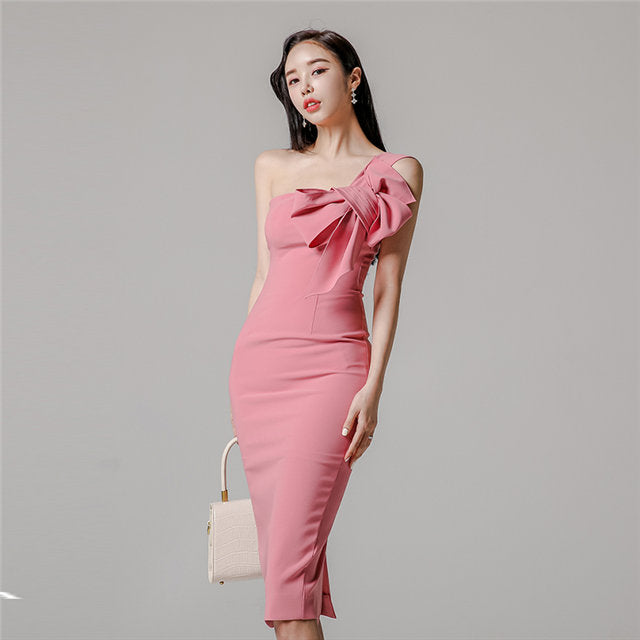CM-DF121018 Women Elegant Seoul Style Sexy Bowknot Off Shoulder Bodycon Dress - Pink