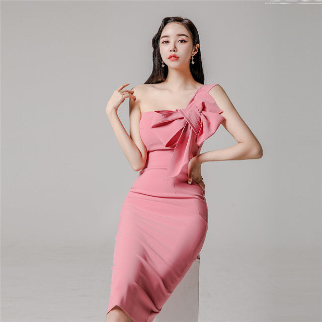 CM-DF121018 Women Elegant Seoul Style Sexy Bowknot Off Shoulder Bodycon Dress - Pink