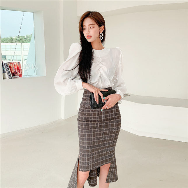 CM-SF121019 Women Elegant Seoul Style Pleated Puff Sleeve Blouse With Fishtail Plaids Skirt - Set