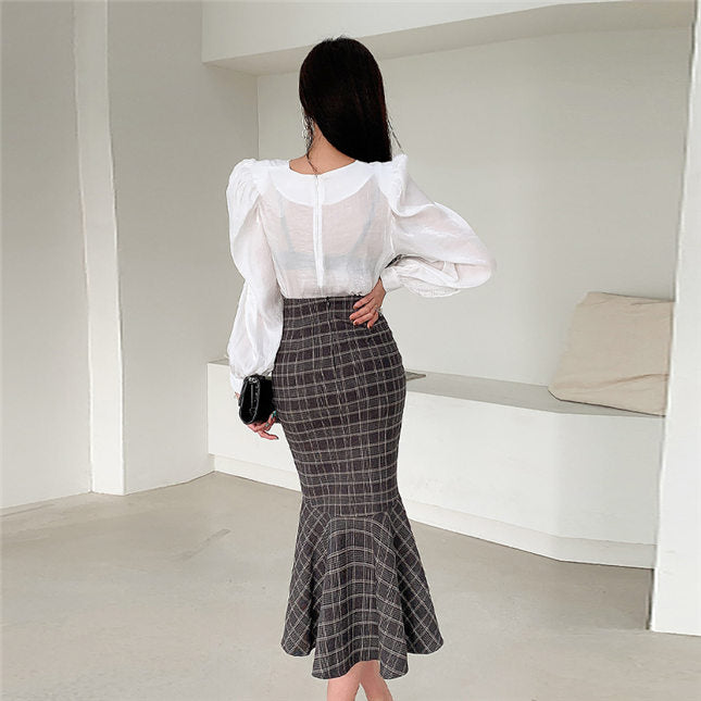 CM-SF121019 Women Elegant Seoul Style Pleated Puff Sleeve Blouse With Fishtail Plaids Skirt - Set