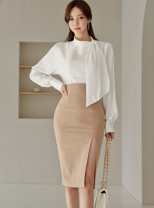 CM-SF121116 Women Elegant Seoul Style Tie Collar Blouse With Split High Waist Midi Skirt - Set