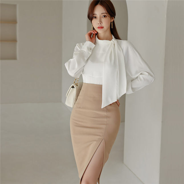 CM-SF121116 Women Elegant Seoul Style Tie Collar Blouse With Split High Waist Midi Skirt - Set