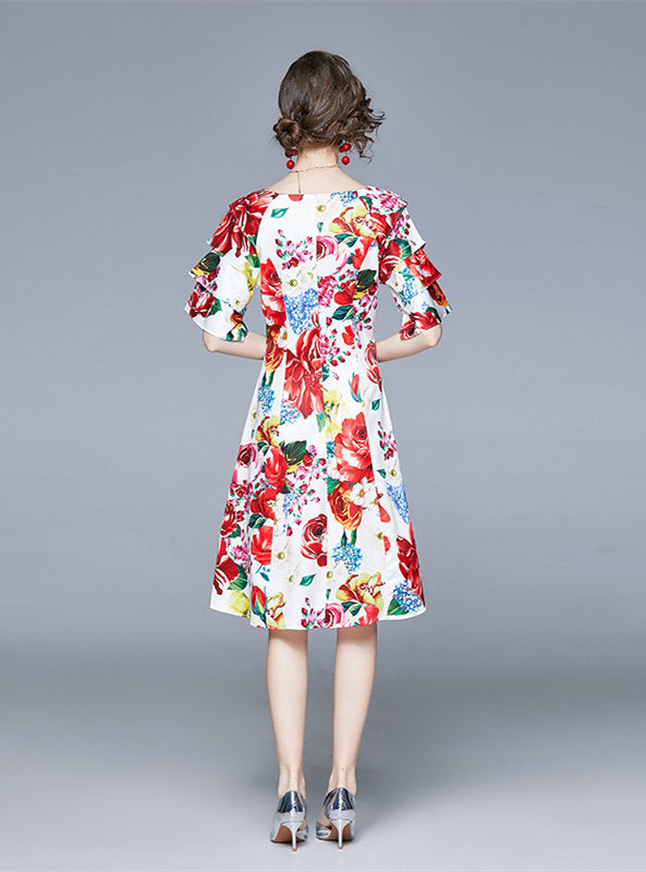 CM-DF121207 Women Elegant European Style V-Neck Flare Sleeve Floral A-Line Dress