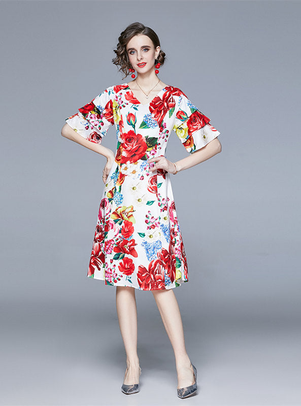 CM-DF121207 Women Elegant European Style V-Neck Flare Sleeve Floral A-Line Dress