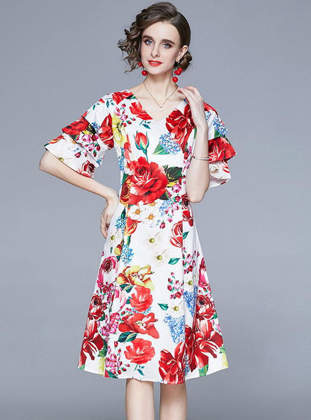 CM-DF121207 Women Elegant European Style V-Neck Flare Sleeve Floral A-Line Dress