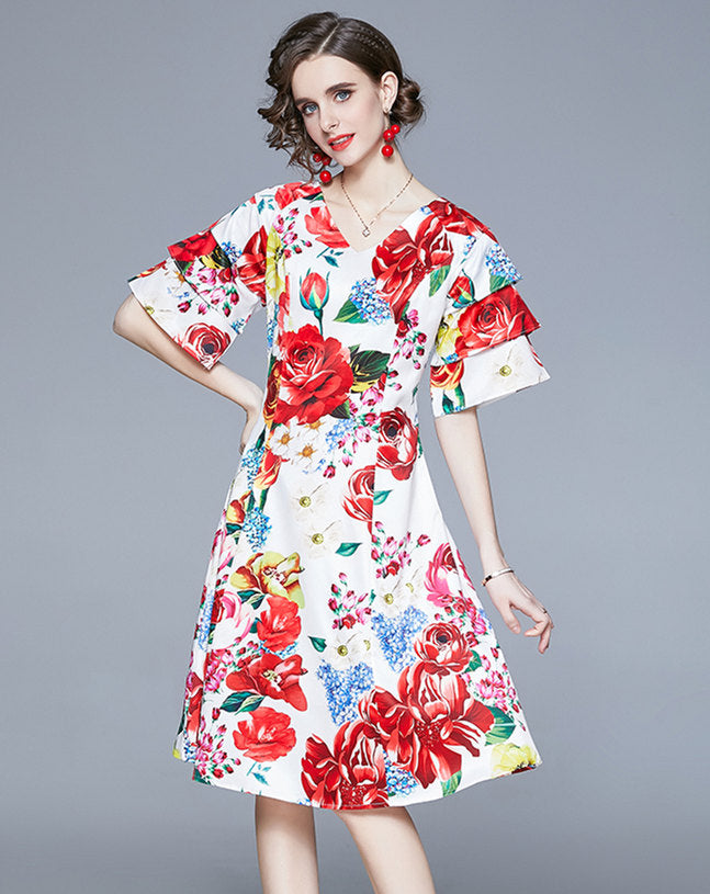 CM-DF121207 Women Elegant European Style V-Neck Flare Sleeve Floral A-Line Dress