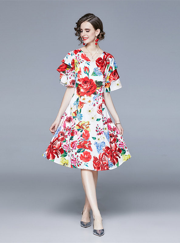 CM-DF121207 Women Elegant European Style V-Neck Flare Sleeve Floral A-Line Dress