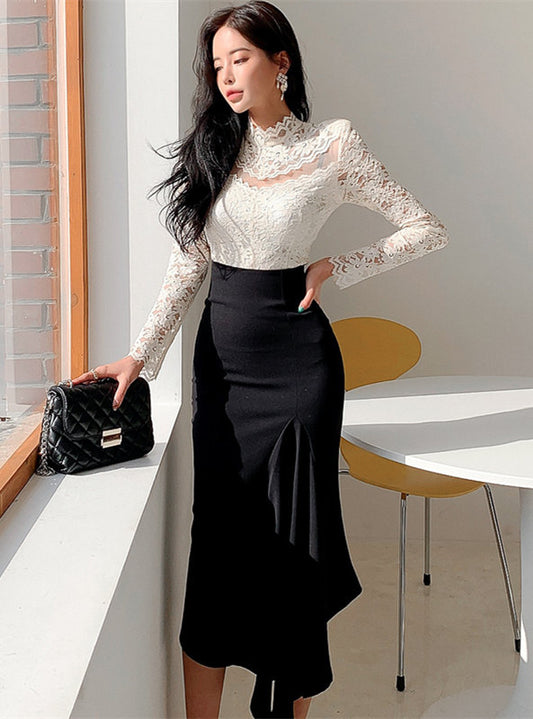 CM-SF121303 Women Elegant Seoul Style Lace Floral Blouse With Fishtail Slim Long Skirt - Set