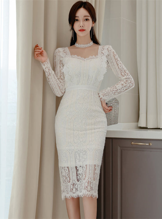 CM-DF121310 Women Casual Seoul Style Fitted Waist Square Collar Lace Slim Dress - White