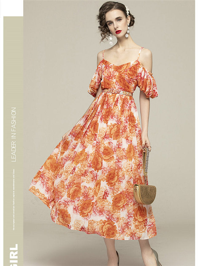 CM-DF121413 Women Charming European Style Flouncing Off Shoulder Floral Long Dress - Orange
