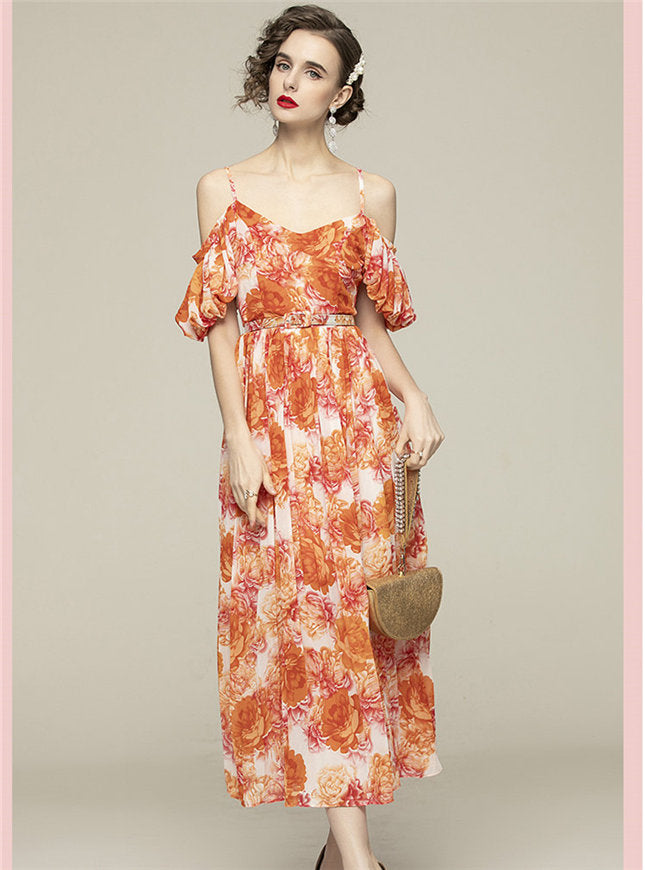 CM-DF121413 Women Charming European Style Flouncing Off Shoulder Floral Long Dress - Orange