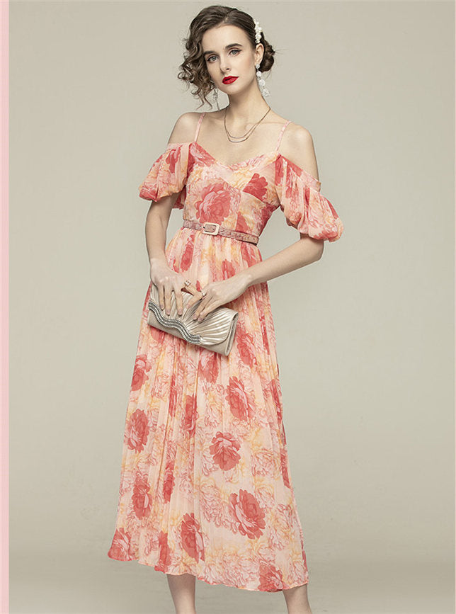 CM-DF121415 Women Elegant European Style Off Shoulder Floral Chiffon Maxi Dress - Pink