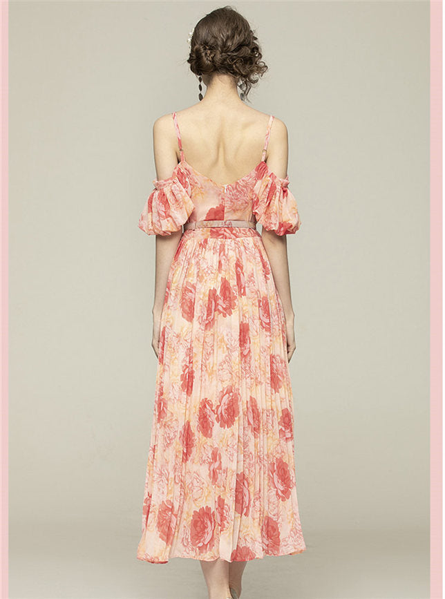 CM-DF121415 Women Elegant European Style Off Shoulder Floral Chiffon Maxi Dress - Pink